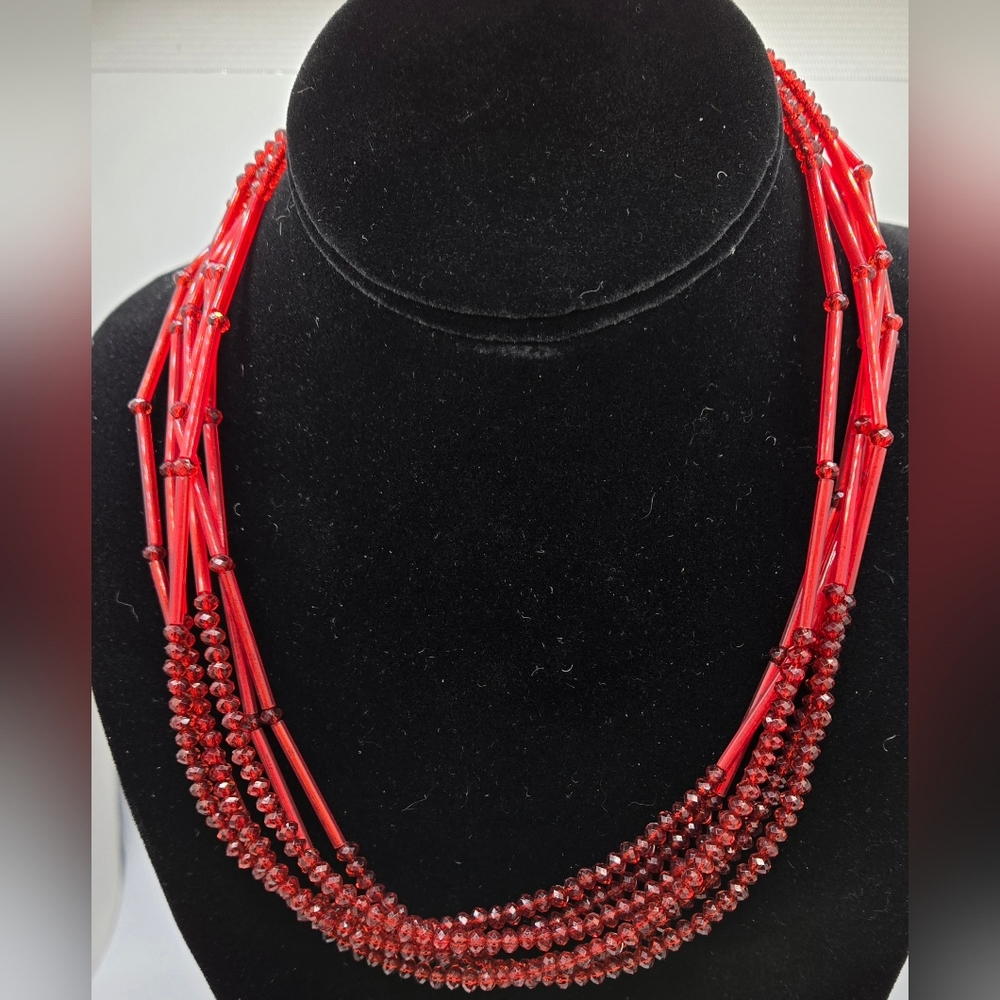 🌞 Vibrant Red Necklace w/ Three Strands of Faceted Glass Beads & Rods 36" Long